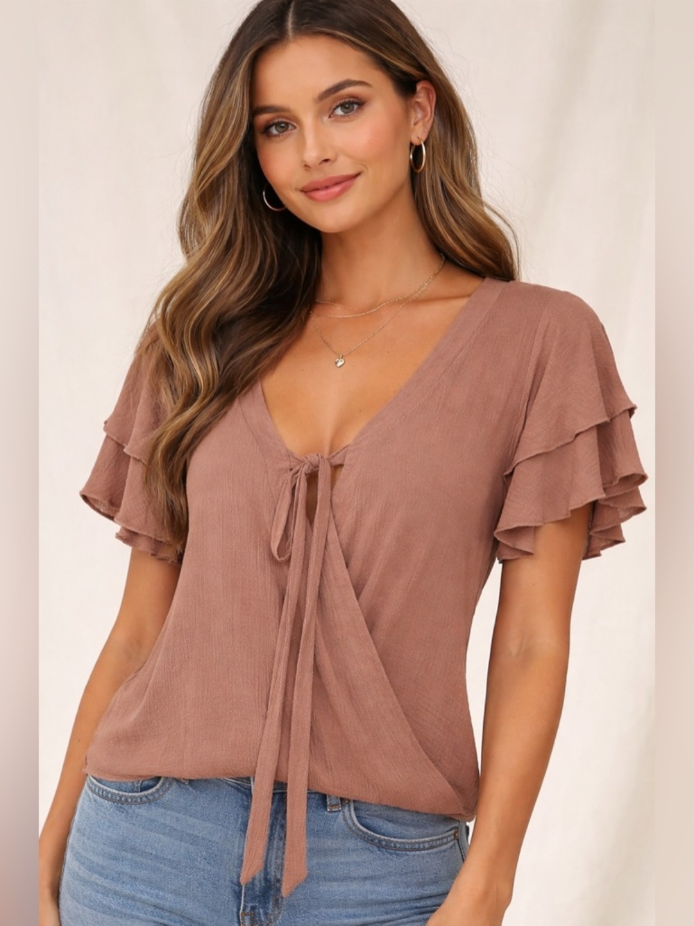 Listicle Mauve-Brown Ruffle Tie-Front V-Neck Blouse NWT